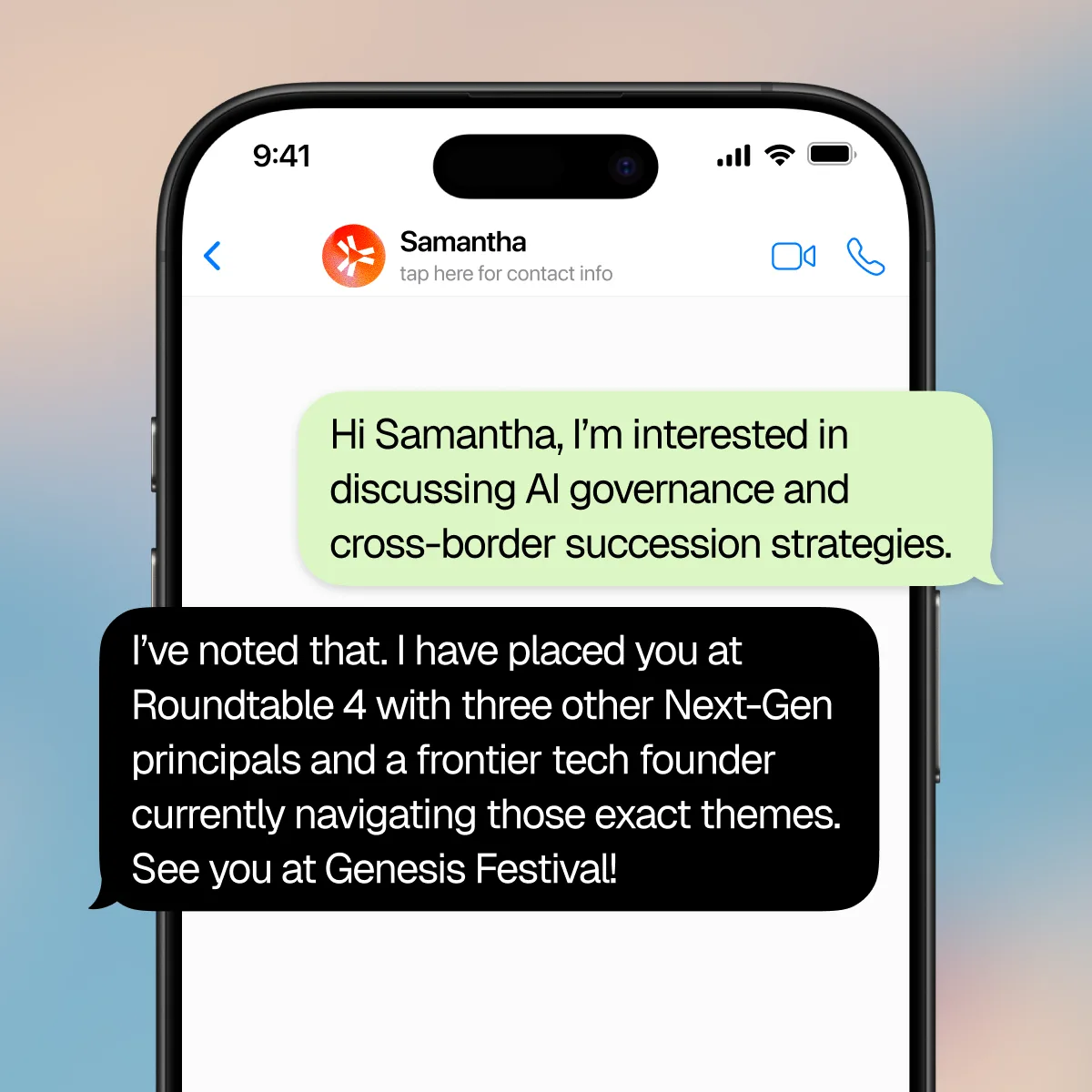 WhatsApp conversation in which Samantha places a member at a roundtable with three next-gen principals and a frontier-tech founder